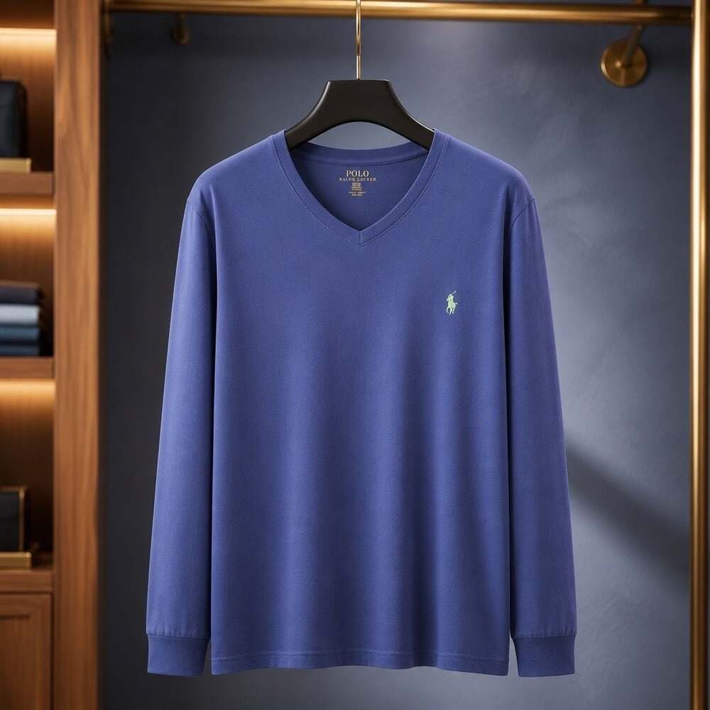 Polo Ralph Lauren Men's Long Sleeve V-Neck Cotton T-Shirt, Blue #1143